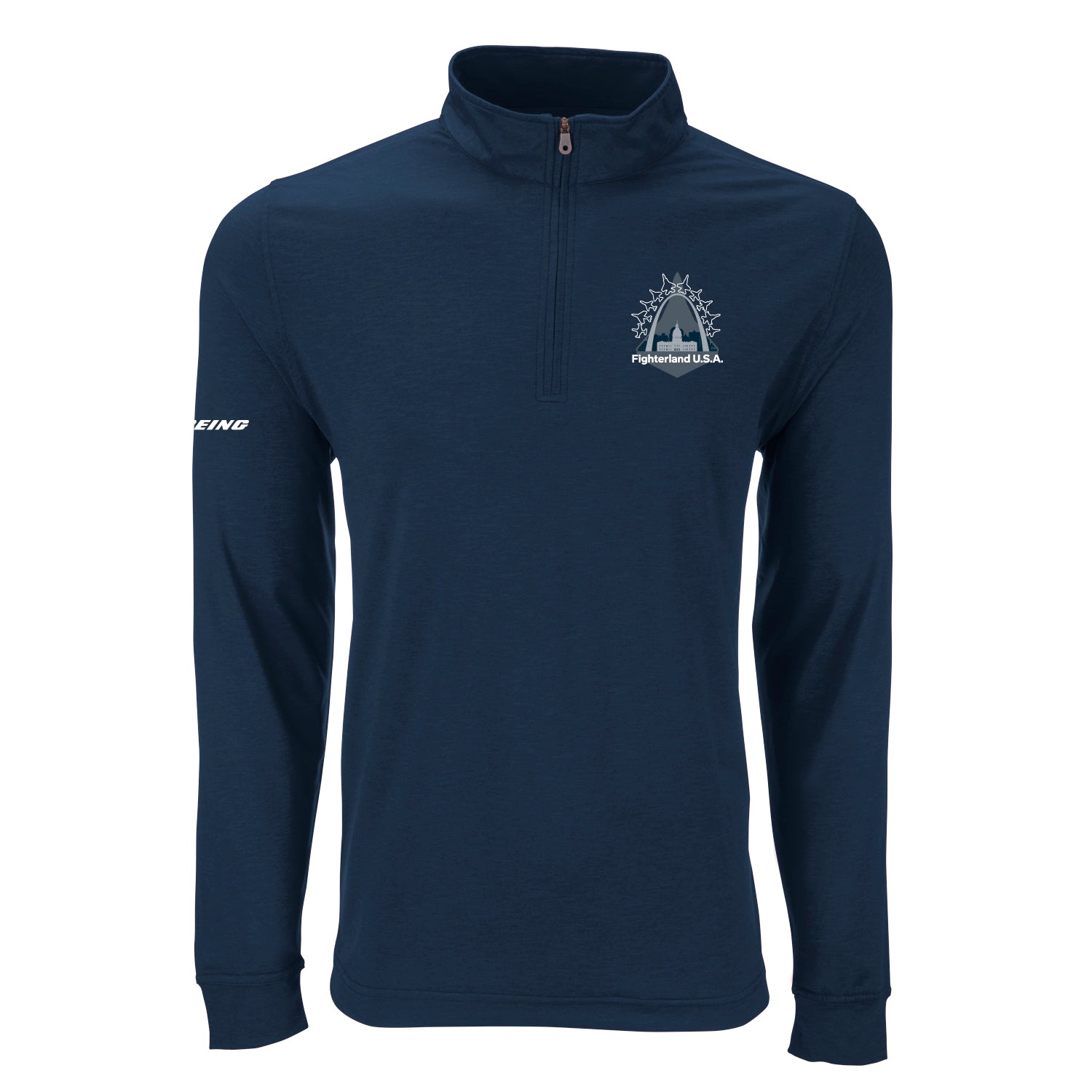 The Boeing St. Louis Fighterland Men’s Quarter-Zip by BOEING features a navy blue design with long sleeves, a standing collar, “BOEING” on the sleeve, and a white Fighterland U.S.A. logo on the chest—a stylish tribute to iconic aircraft like the F/A-18 Super Hornet and MQ-25 Stingray.