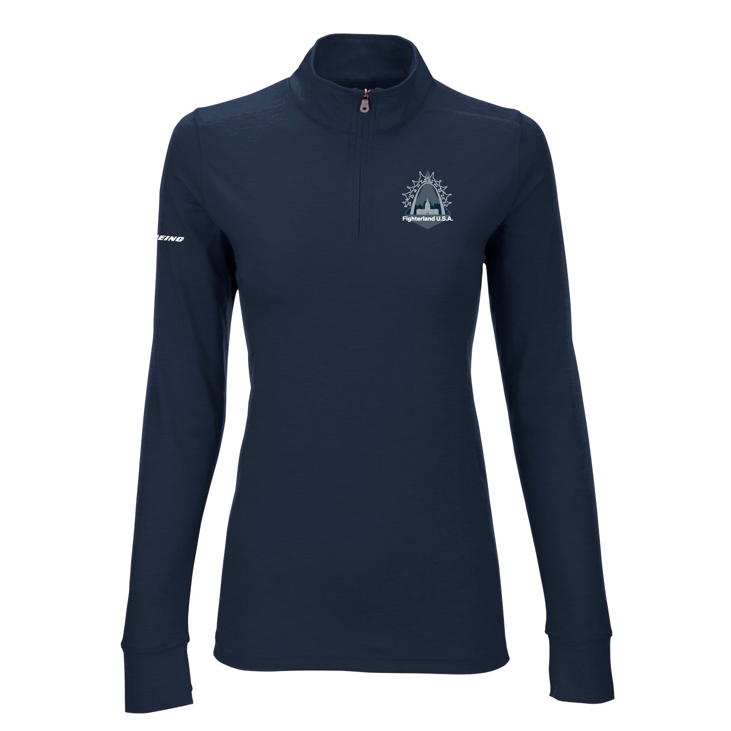 The Boeing St. Louis Fighterland Women’s Quarter-Zip by BOEING is a navy blue, long-sleeve pullover featuring a small logo on the left chest and “Boeing” text on the right sleeve. Inspired by military aviation and classic Fighterland USA quarter-zip styles in tribute to icons like the F/A-18 Super Hornet, this pullover is shown against a plain white background.