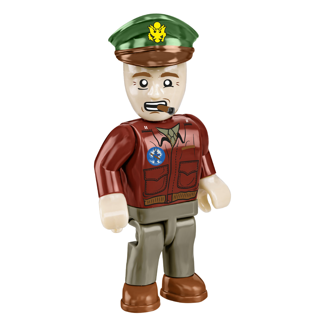 This toy figure evokes a WWII military officer and features a green cap with an emblem, brown jacket with patches, gray pants, and boots. Inspired by the Boeing B-17 Flying Fortress crew, it has a mustache and holds a pipe in its mouth. Available as part of The Boeing Stores COBI Memphis Belle Building Kit.