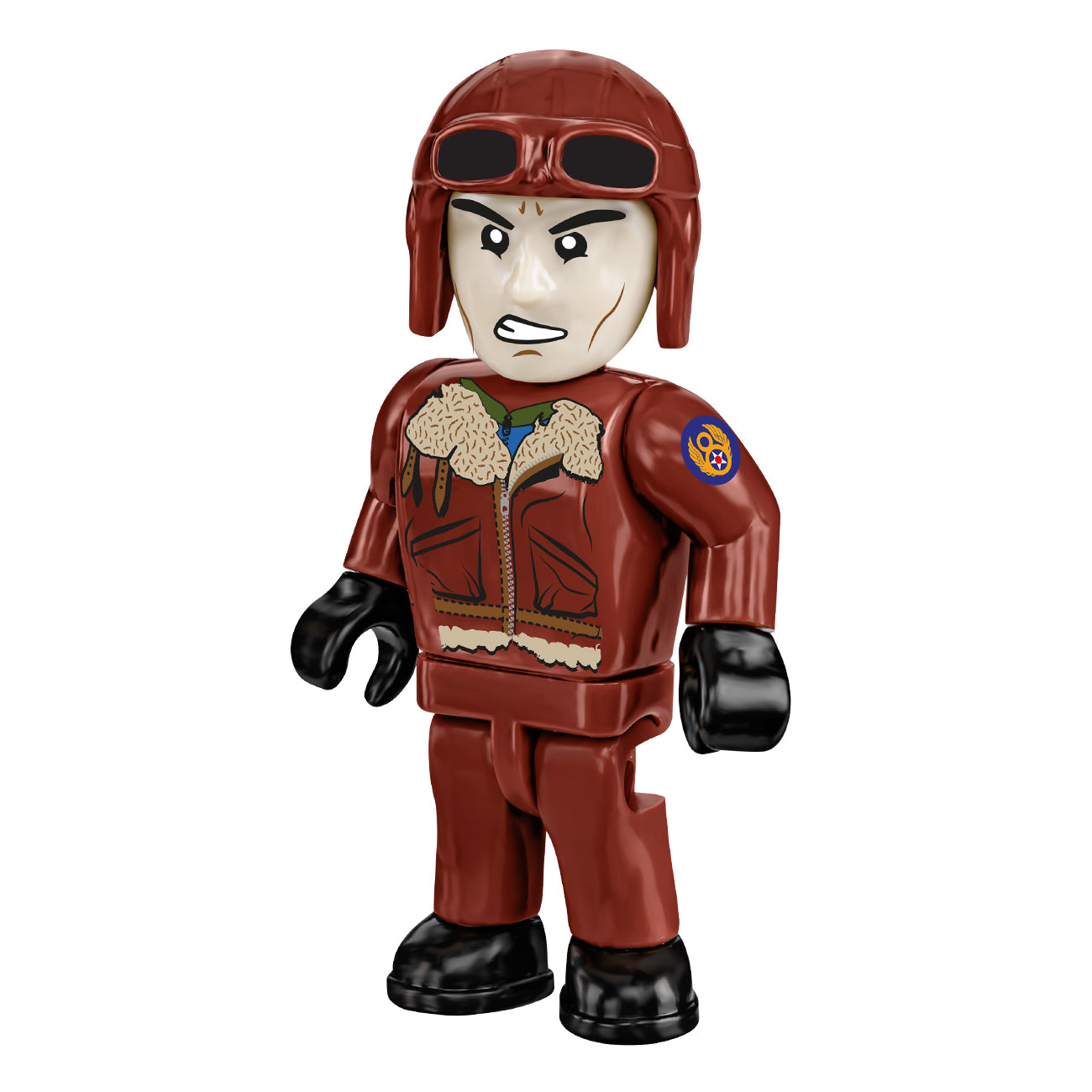 The COBI Boeing B-17 Flying Fortress Memphis Belle Building Kit from The Boeing Store features a toy figure in a brown aviator jacket with fur collar, matching pants, red helmet, black gloves and boots, determined expression, and a blue-and-yellow patch honoring its aviation heritage.