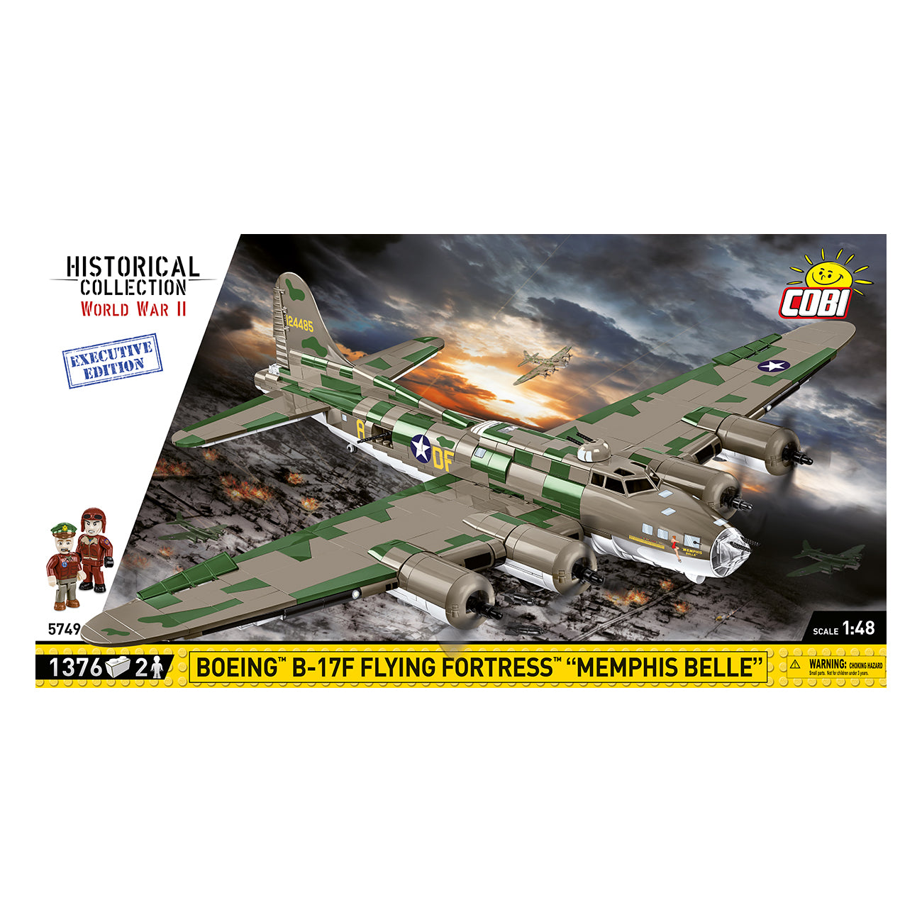 The COBI Boeing B-17 Flying Fortress Memphis Belle Building Kit by The Boeing Store features box art of the iconic plane over scenic landscapes, with a detailed camo design and two toy figures in this nostalgic set.