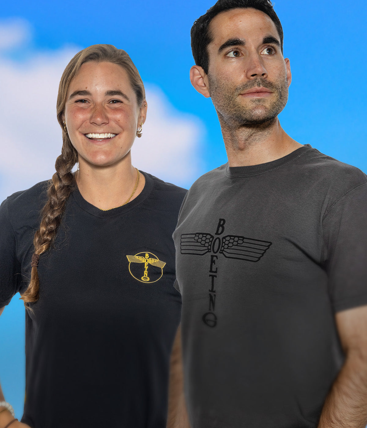 Mobile banner featuring a man and woman wearing Boeing Heritage t-shirts, posed against a blue sky background.