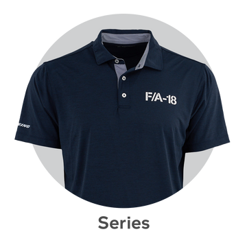 Thumbnail featuring a navy polo from the Boeing Series collection on light grey background. Links to Boeing Rosie collection page.