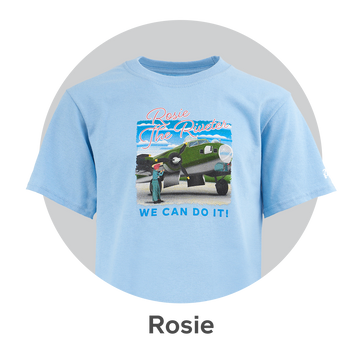 A light blue t-shirt celebrating the iconic "Rosie the Riveter" with a vintage design, promoting empowerment and the contributions of women in aviation history.