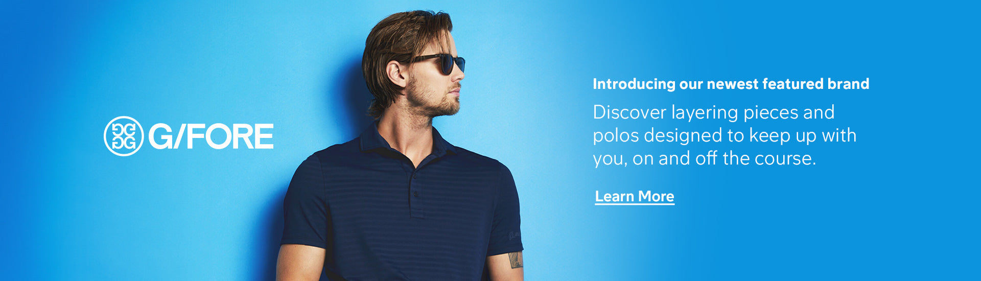 G/FORE Desktop Homepage Banner Featuring Man Wearing Polo