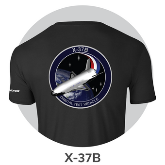 Black t-shirt with X-37B space plane graphic and Boeing logo on a white background
