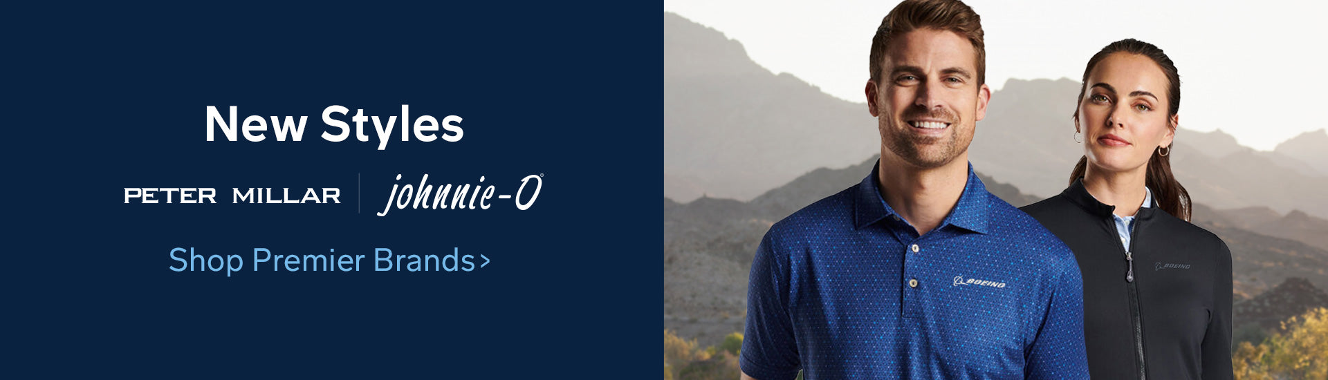 Peter Millar and Johnnie-O new styles for Boeing desktop banner featuring a man wearing blue polo shirt and women in black full-zip.