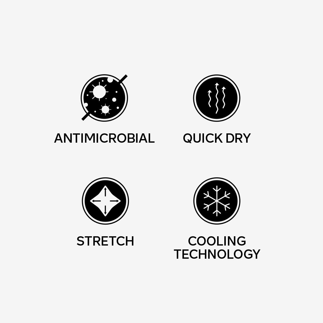 antimicrobial icon, quick dry icon, stretch icon, cooling technology icon.