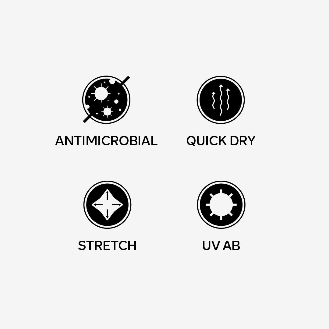 Four black icons—antimicrobial, quick dry, stretch, and UV AB—stand out on a light backdrop, showcasing the Italian windproof shell fabric of The Boeing Store’s Greyson Boeing Mens Sequoia Full-Zip.