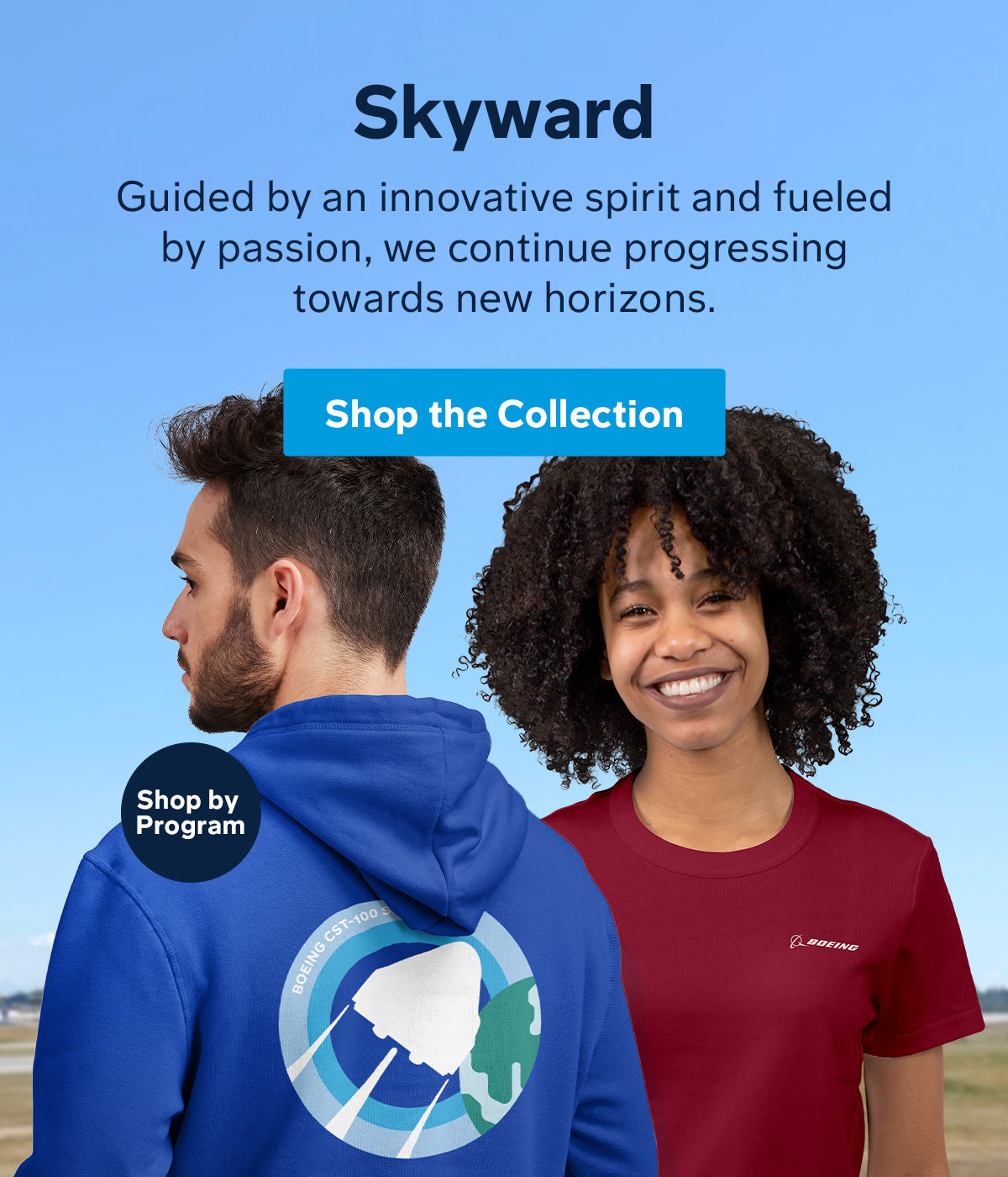 Skyward mobile HP banner featuring man and woman wearing apparel with a blue sky background.