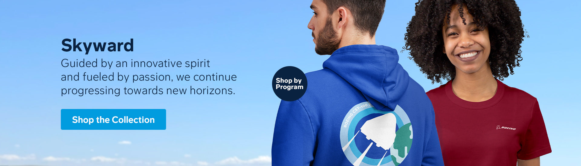 Skyward desktop HP banner featuring man and woman wearing apparel with a blue sky background.