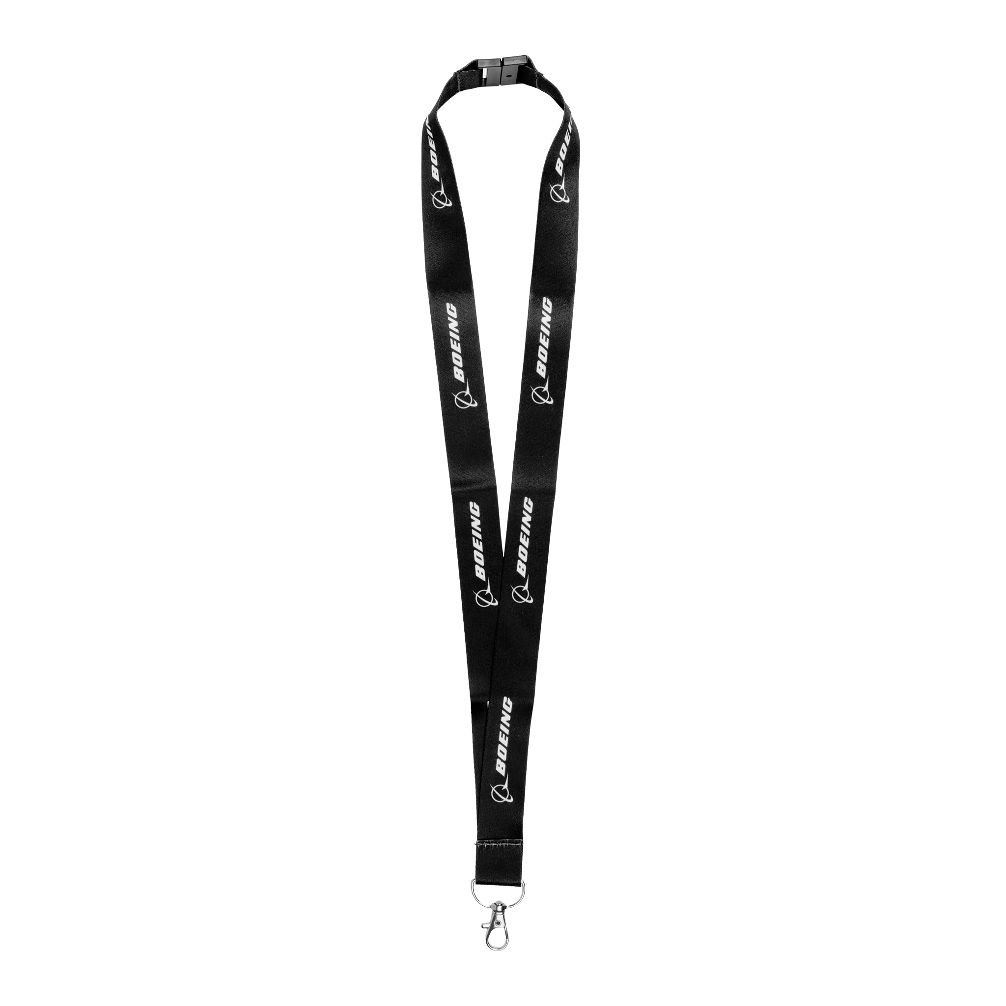 The Boeing T-7A Red Hawk Graphic Lanyard features a black design with a silver hook, black plastic clasp, and the white BOEING name and logo. Ideal for fans of the brand or the T-7A Red Hawk.