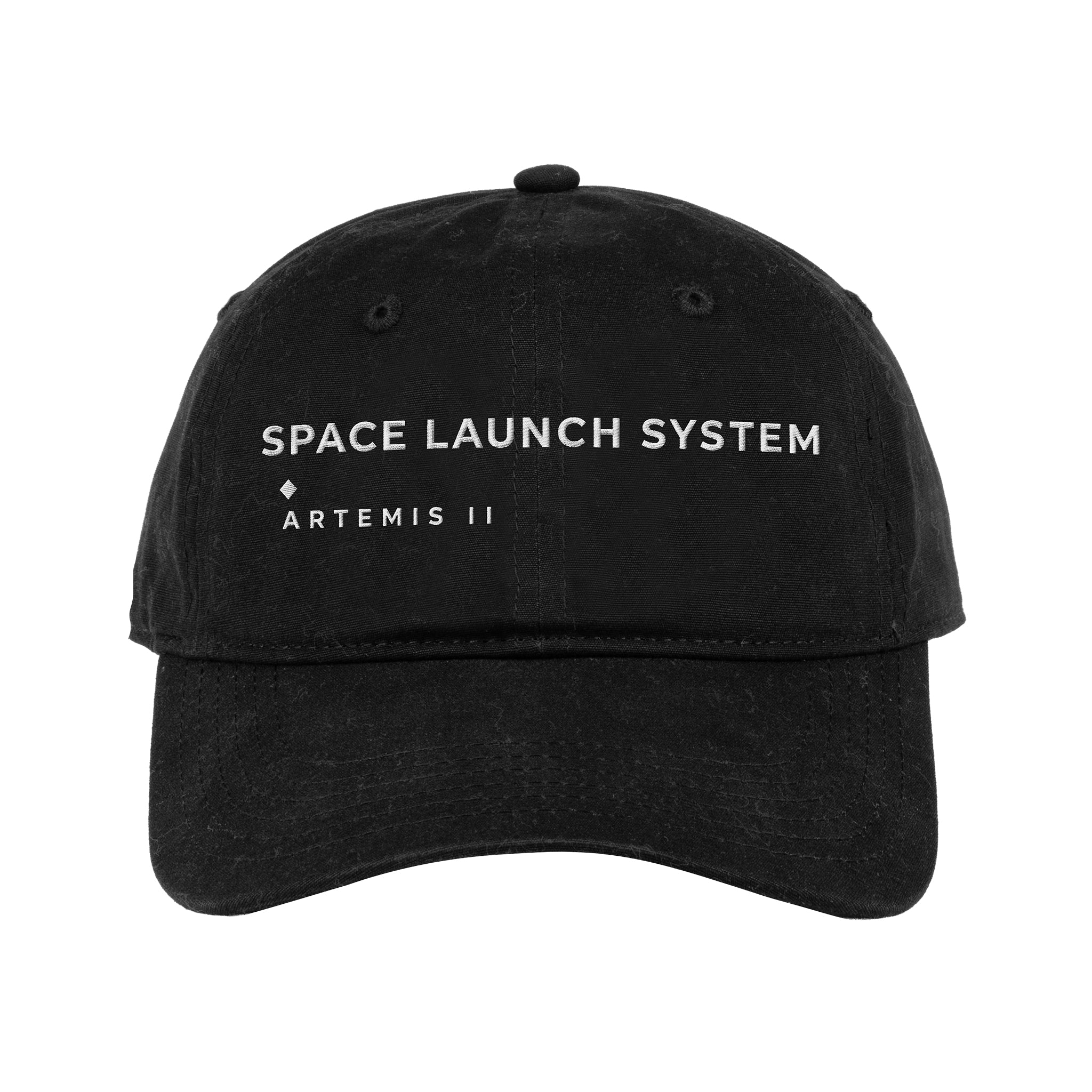 The BOEING SLS Artemis II Graphic Hat is a black cap with white SPACE LAUNCH SYSTEM and ARTEMIS II embroidery—ideal for fans of Artemis II, space lovers, or Boeing enthusiasts.
