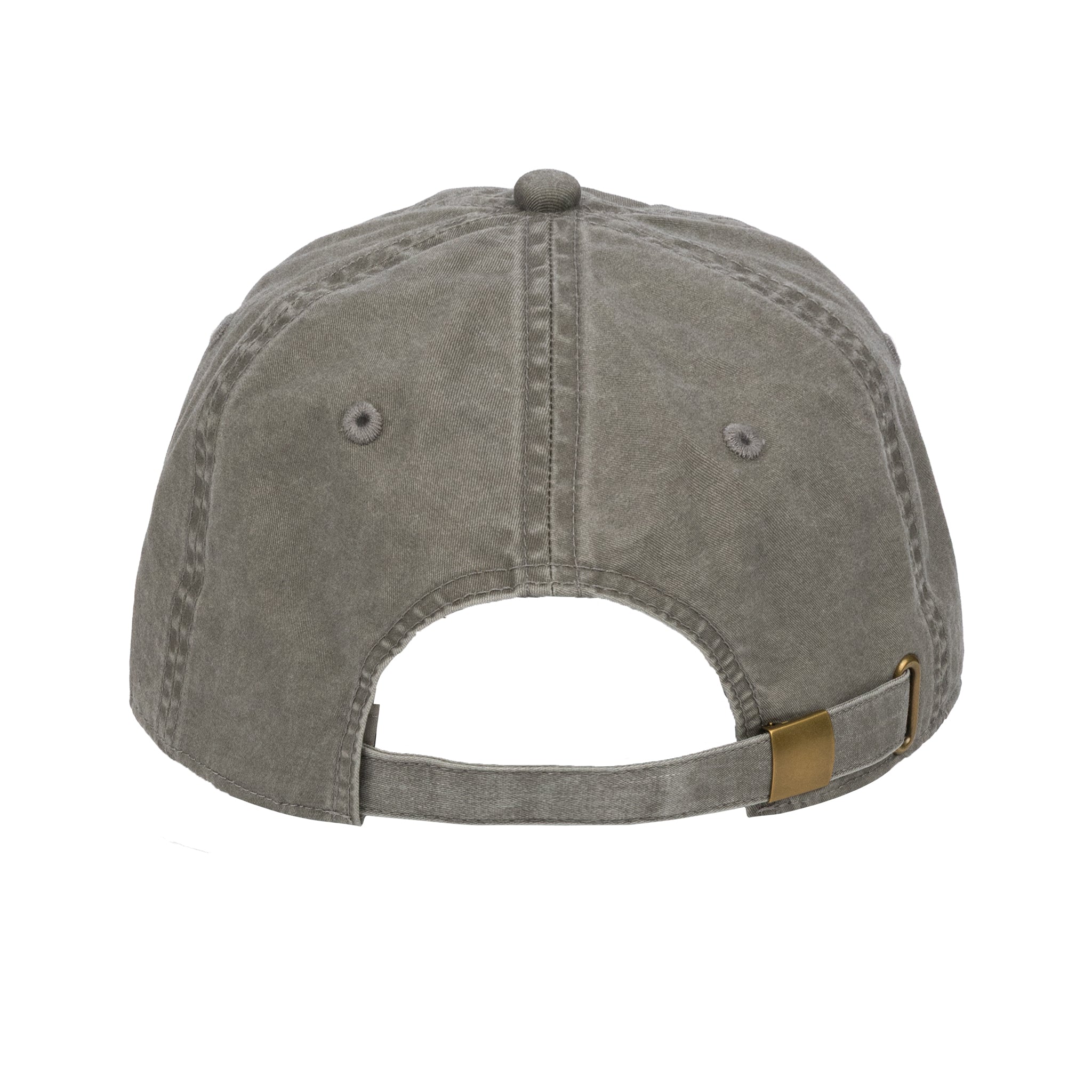 The back view of the BOEING V-22 Osprey Graphic Hat in gray shows detailed stitching, two ventilation eyelets, and an adjustable brass-buckle strap—ideal for aviation enthusiasts and Boeing fans.