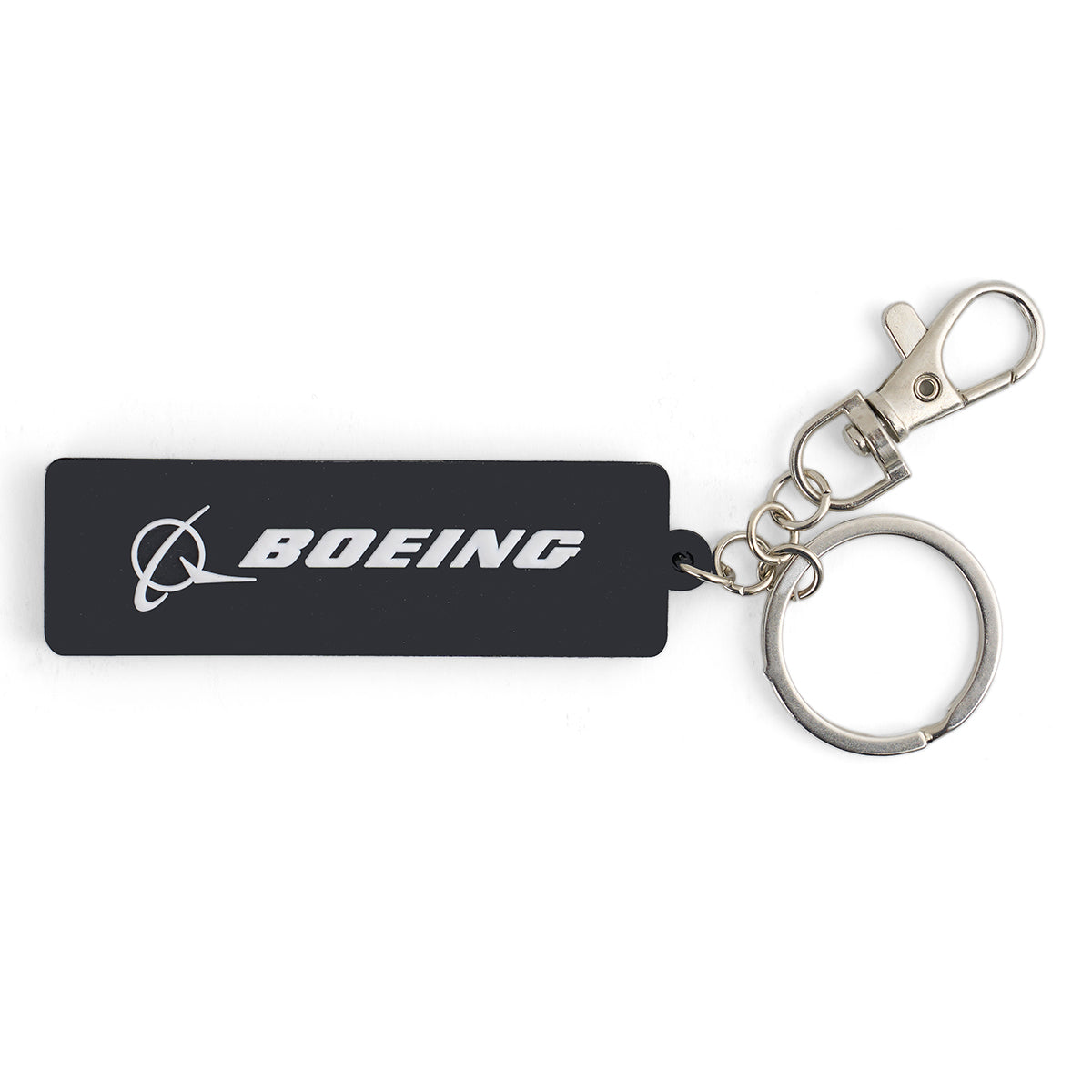 The Boeing Space Launch System Series Keychain by BOEING is a sleek black rectangular accessory with white branding, attached to a metal keyring and lobster clasp—ideal for aviation enthusiasts and Boeing SLS fans.