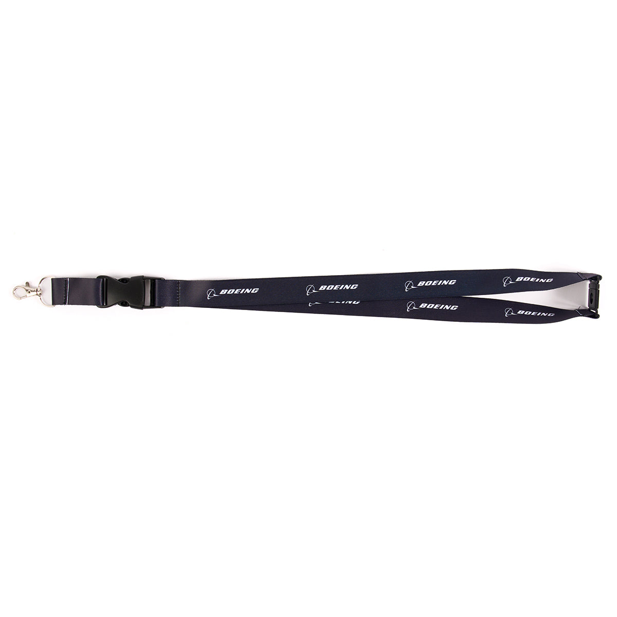 Aviation-inspired navy blue lanyard, featuring a metal clasp and white Boeing logos, offered by The Boeing Store as the Space Launch System Motion Lanyard.