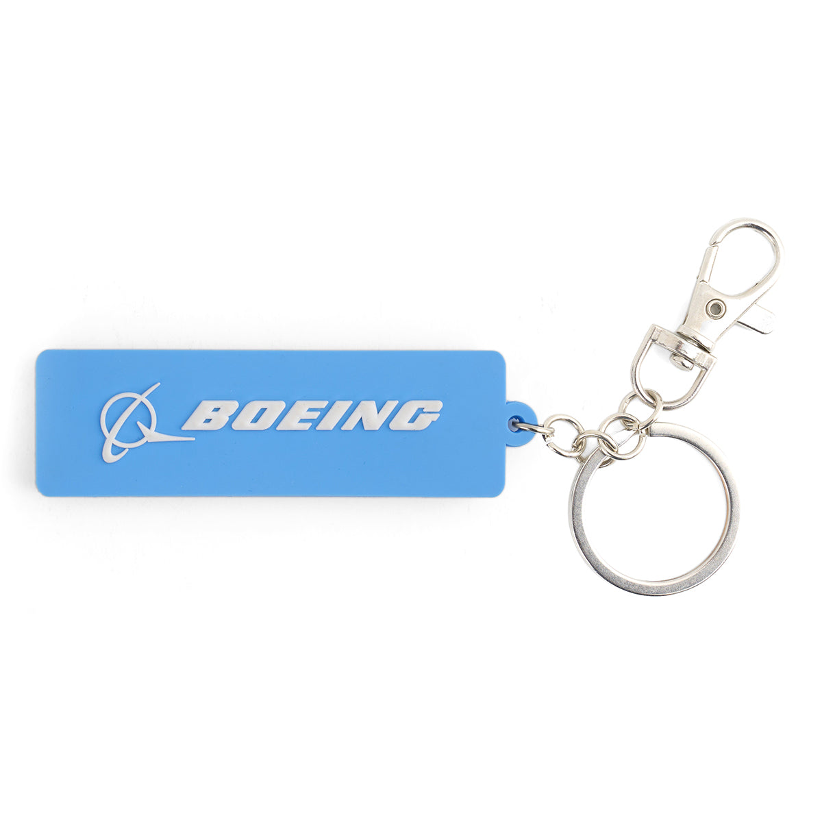 The Boeing 777 Series Keychain by BOEING features a blue rectangle with the Boeing logo and white text, perfect for aviation fans. Comes attached to a silver key ring and clasp.