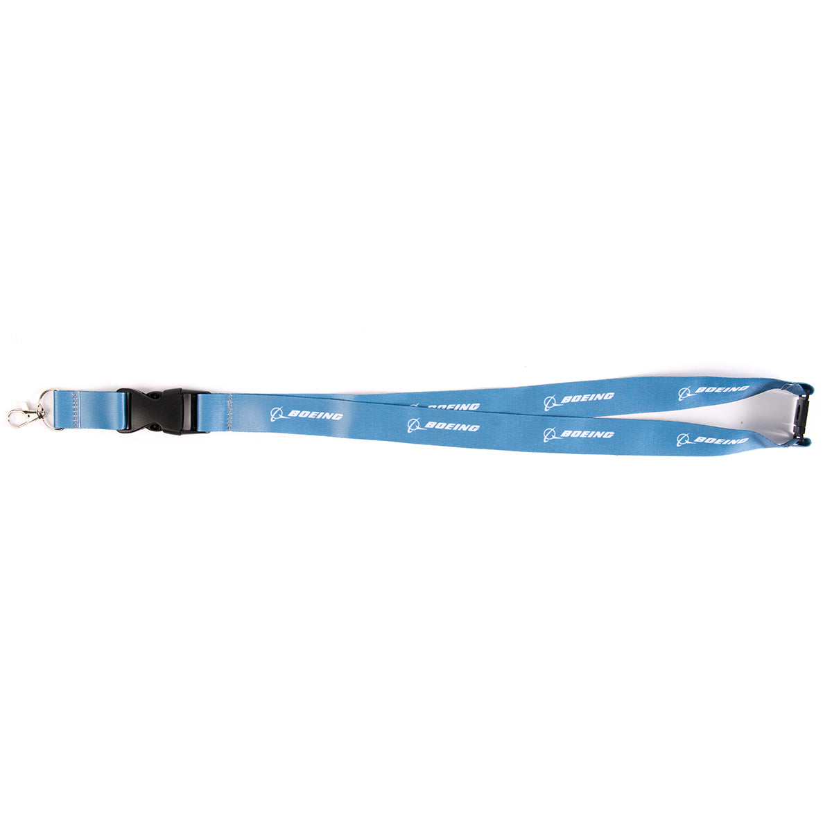 The Boeing Stores Boeing 777 Motion Lanyard features a blue design with a white aviation-inspired 777 sublimation print, a black plastic buckle, and a metal clip, displayed flat on a white background.