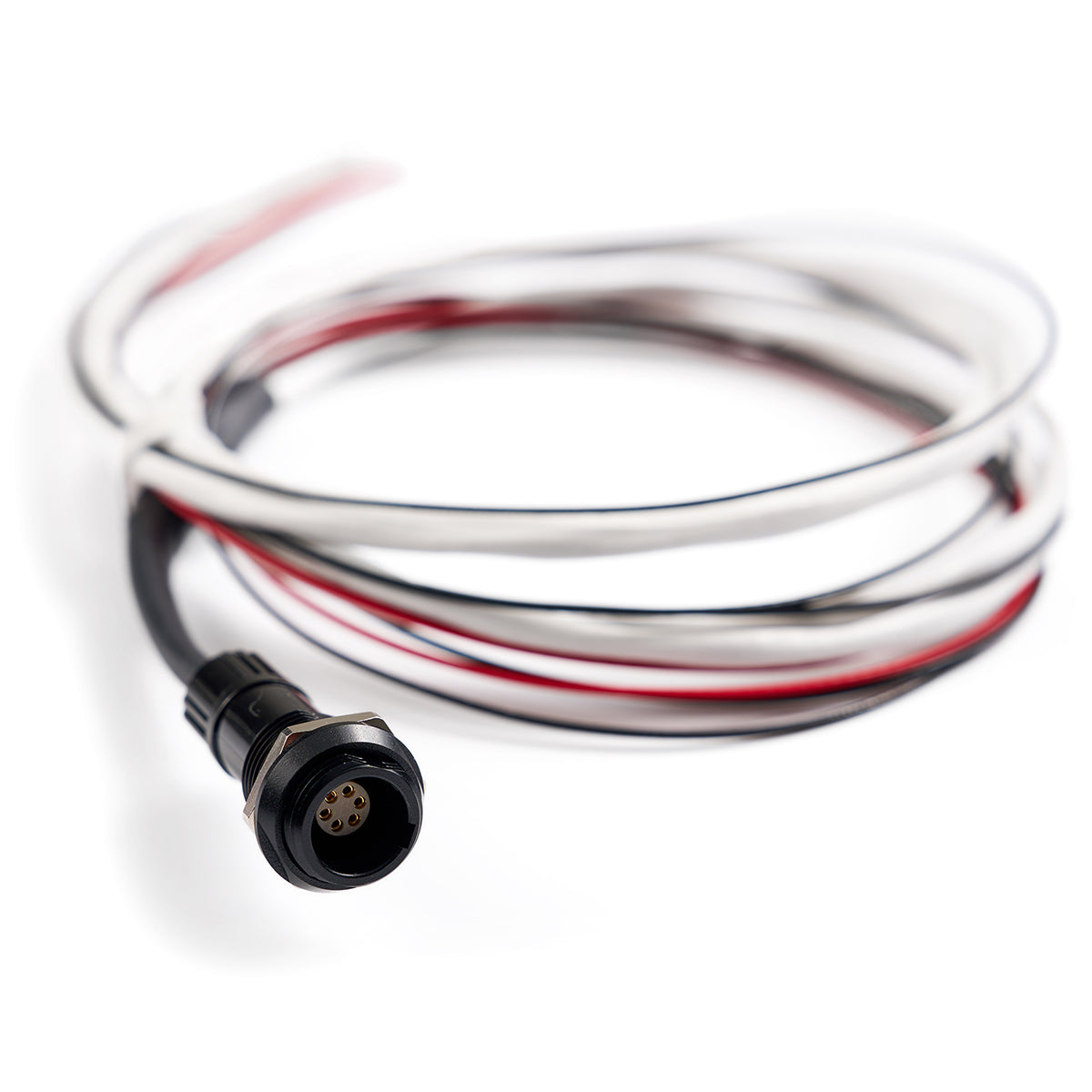 The Bose 6 Pin LEMO Connector Kit by BOSE includes a coiled wiring harness with a black circular connector plug. The wires, in black, white, and red, mimic an aircraft system component on a white background.