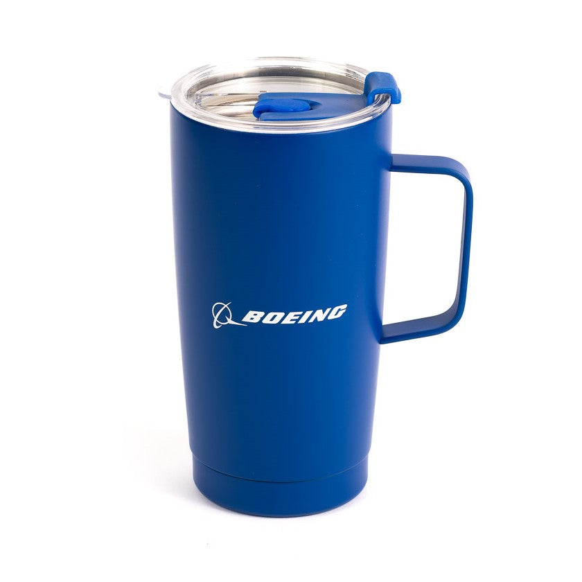 The Boeing Stores Royal Tumbler with Handle is a blue, insulated stainless steel travel mug featuring a leak-proof clear lid and sturdy handle. It showcases the iconic white Boeing logo, ensuring your drinks stay at the perfect temperature.