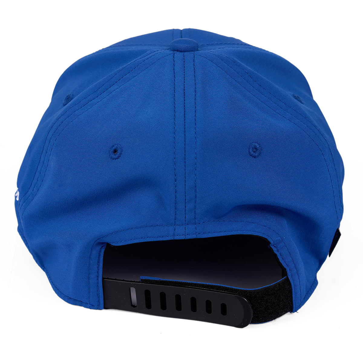 The Boeing 787 Dreamliner Velocity Unisex Hat in blue showcases ventilation eyelets and a moisture-wicking adjustable black strap with a buckle for size adjustments, seen from the back.
