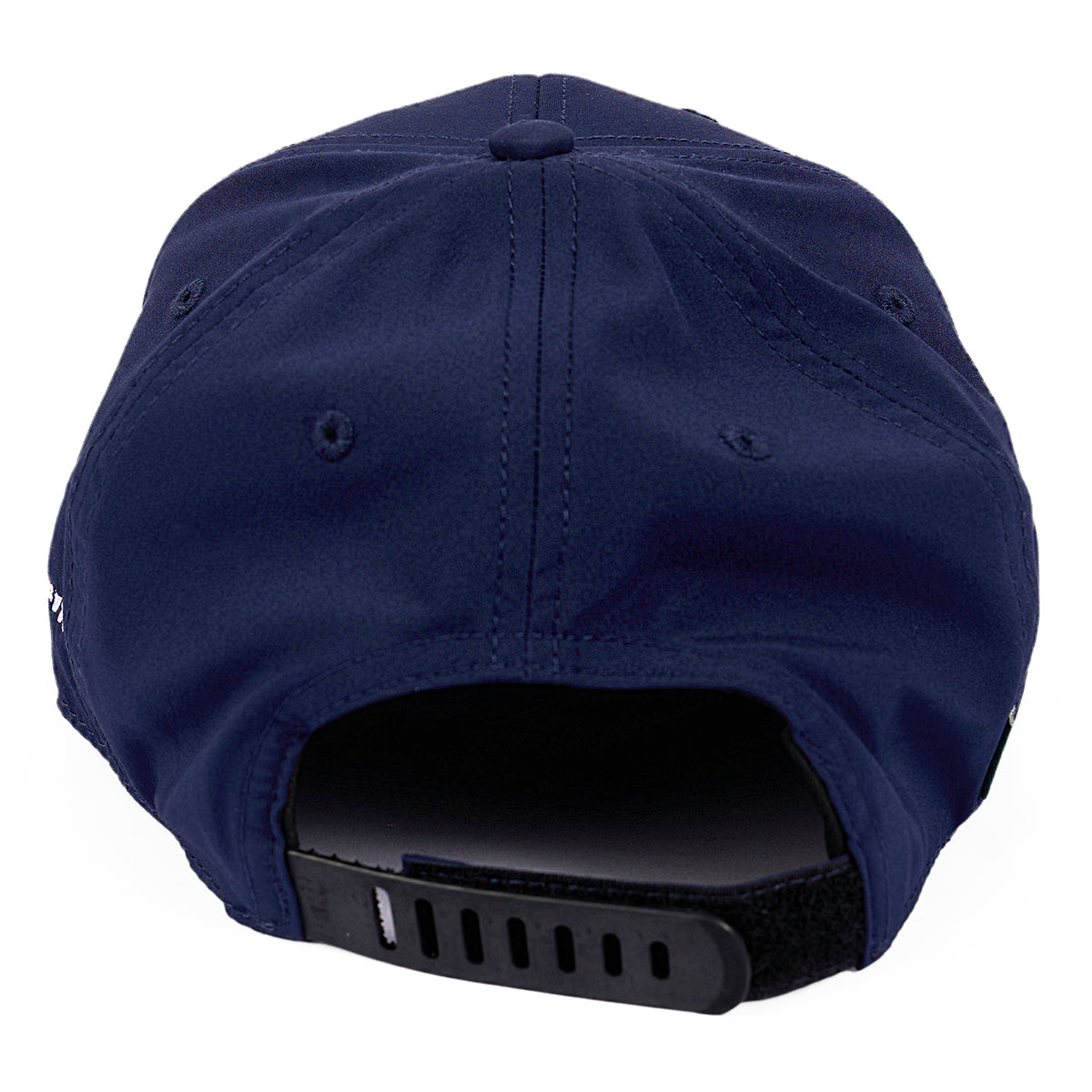 The Boeing 737 MAX Velocity Unisex Hat in navy blue features a back view with an adjustable Velcro closure for a custom fit. The smooth, slightly textured fabric and visible stitching make it a stylish and practical choice for any outdoor adventure.