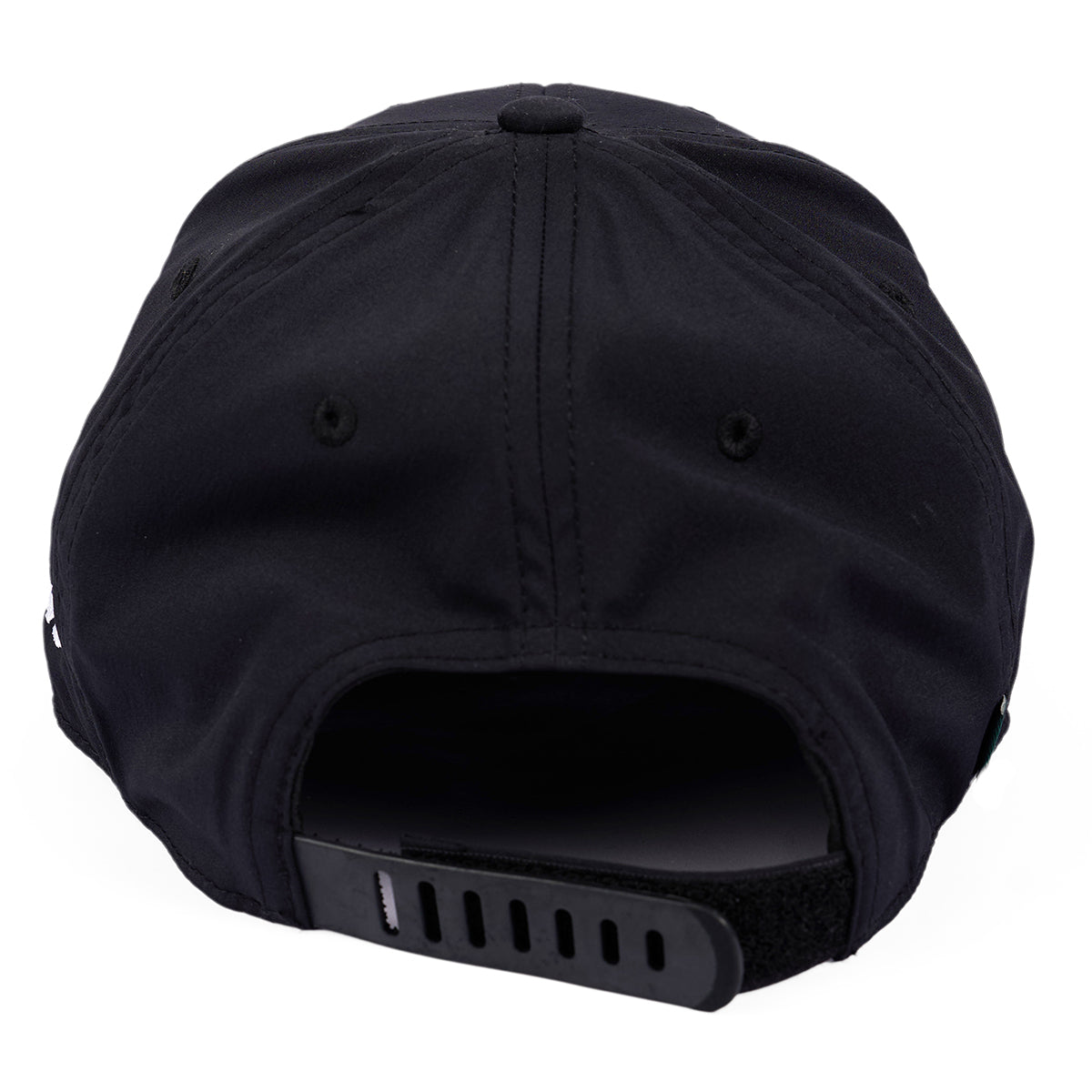 The image shows the back of a black Boeing C-17 Globemaster Velocity Unisex Hat with ventilation holes and an adjustable Velcro closure. Crafted from a moisture-wicking poly/spandex blend, it is set against a crisp white background.