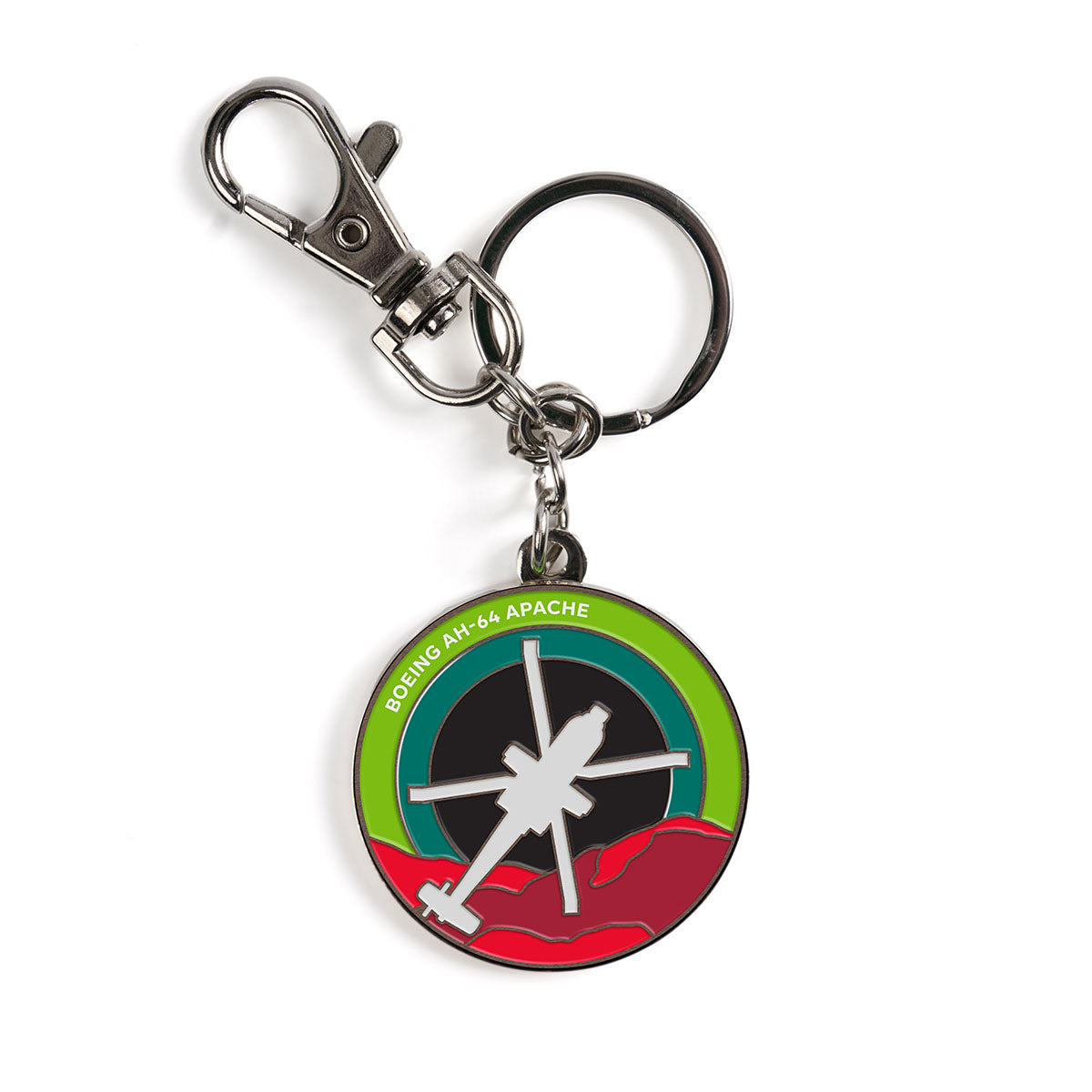 The Boeing AH-64 Apache Skyward Keychain by Boeing features an aviation-themed charm with a helicopter silhouette on a green and black medallion, along with a silver keyring and lobster clasp.