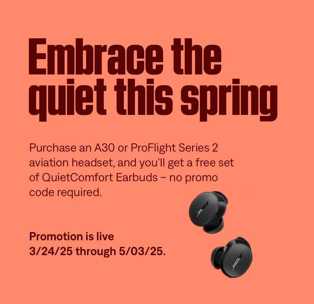 Mobile Bose promotional banner with orange background  for Gift with Purchase Promotion to buy one aviation headset and get a free set of QuietComfort Earbuds. 