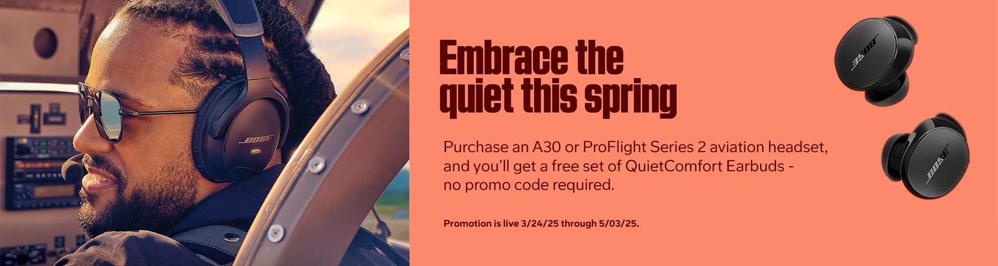 Desktop Bose promotional banner featuring pilot wearing A30 headset and orange background  for Gift with Purchase Promotion to buy one aviation headset and get a free set of QuietComfort Earbuds. 