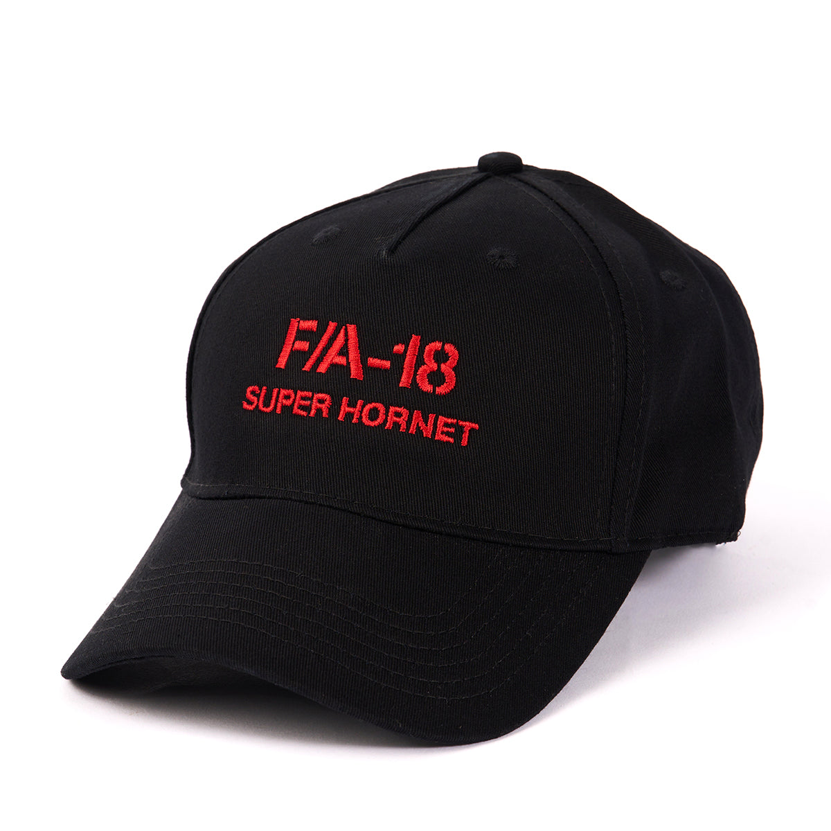 The Boeing Stores F/A-18 Hat, crafted from 100% cotton, showcases red embroidered FA-18 SUPER HORNET text on the front. With a curved brim and six-panel design, its an ideal accessory for aviation fans.