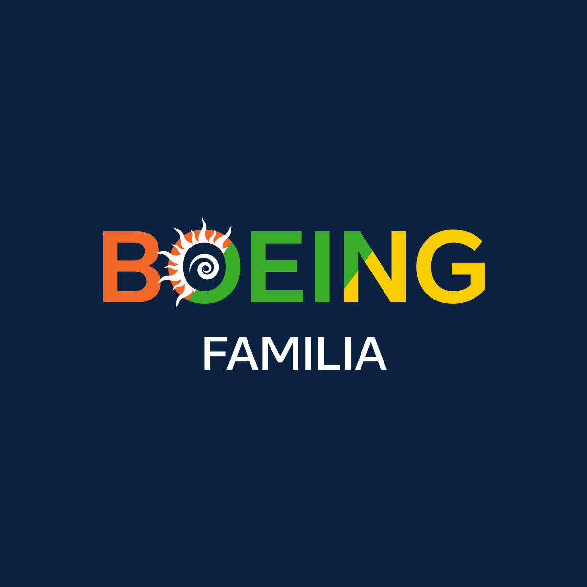 The Boeing Familia Lanyard from BOEING EXCLUSIVES features a colorful "BOEING" logo (O as sun & spiral) with "FAMILIA" in white below, set on dark blue. Includes detachable clasp and safety neck breakaway—perfect for any Boeing Familia fan!.