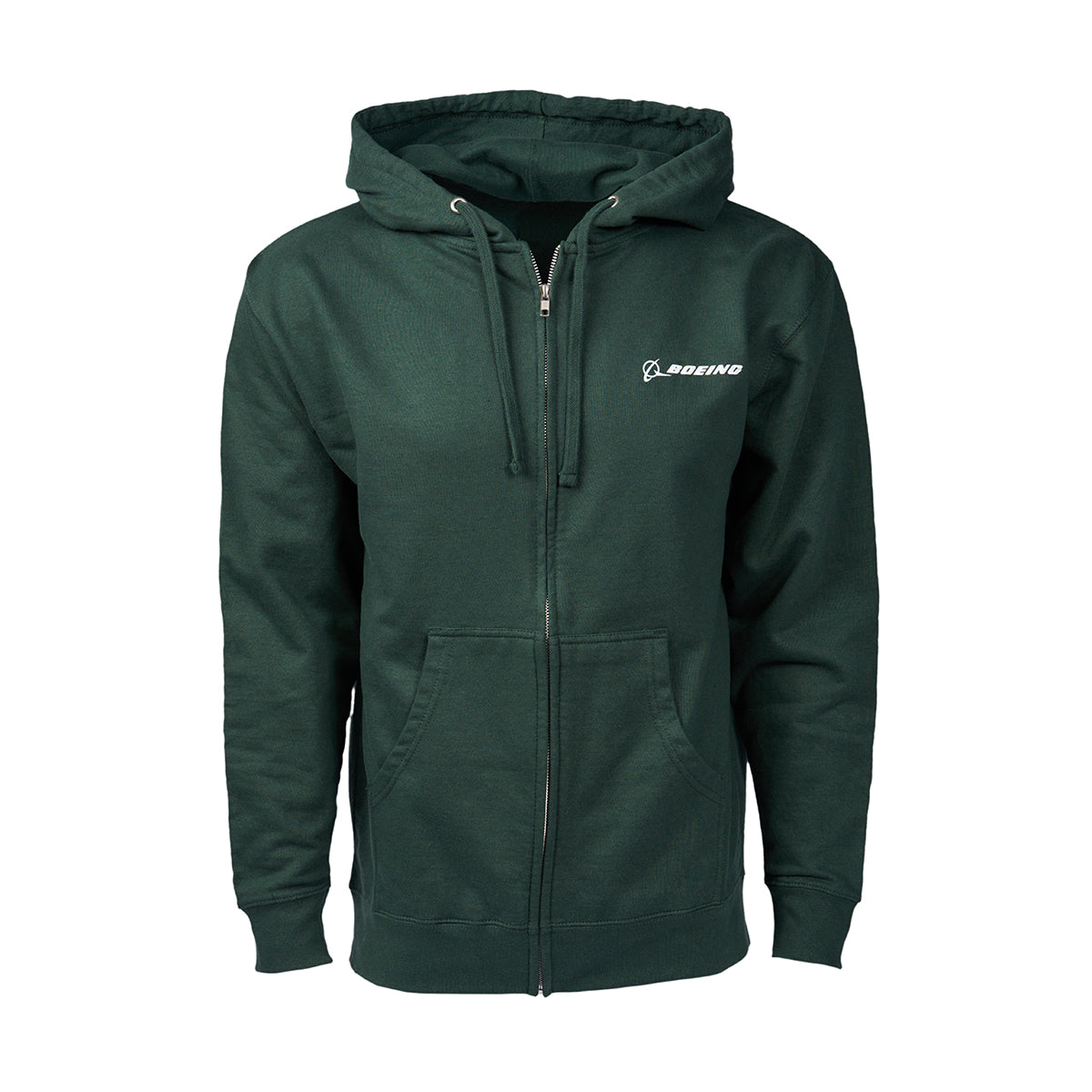 The Boeing V-22 Osprey Skyward Unisex Full-Zip Hoodie is a dark green sweatshirt with a hood, drawstrings, and front pockets, featuring a white roundel logo on the left chest.