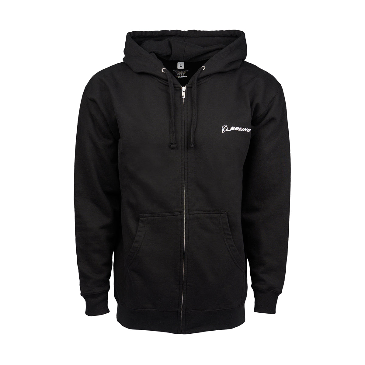 The Boeing Space Launch System Skyward Unisex Full-Zip Hoodie is black with pockets, a hood, and features a white SLS logo on the chest, blending style and aerospace ambition.