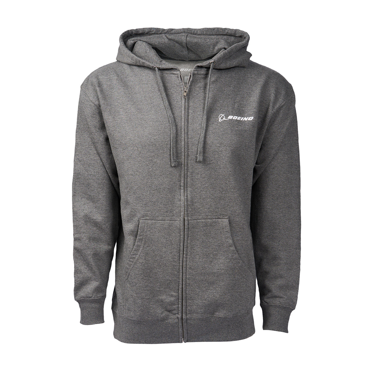 The Boeing AH-64 Apache Skyward Unisex Full-Zip Hoodie is a gray zip-up featuring a small white logo on the left chest, drawstring hood, front zipper, and two side pockets. The fabric is soft and comfortable.