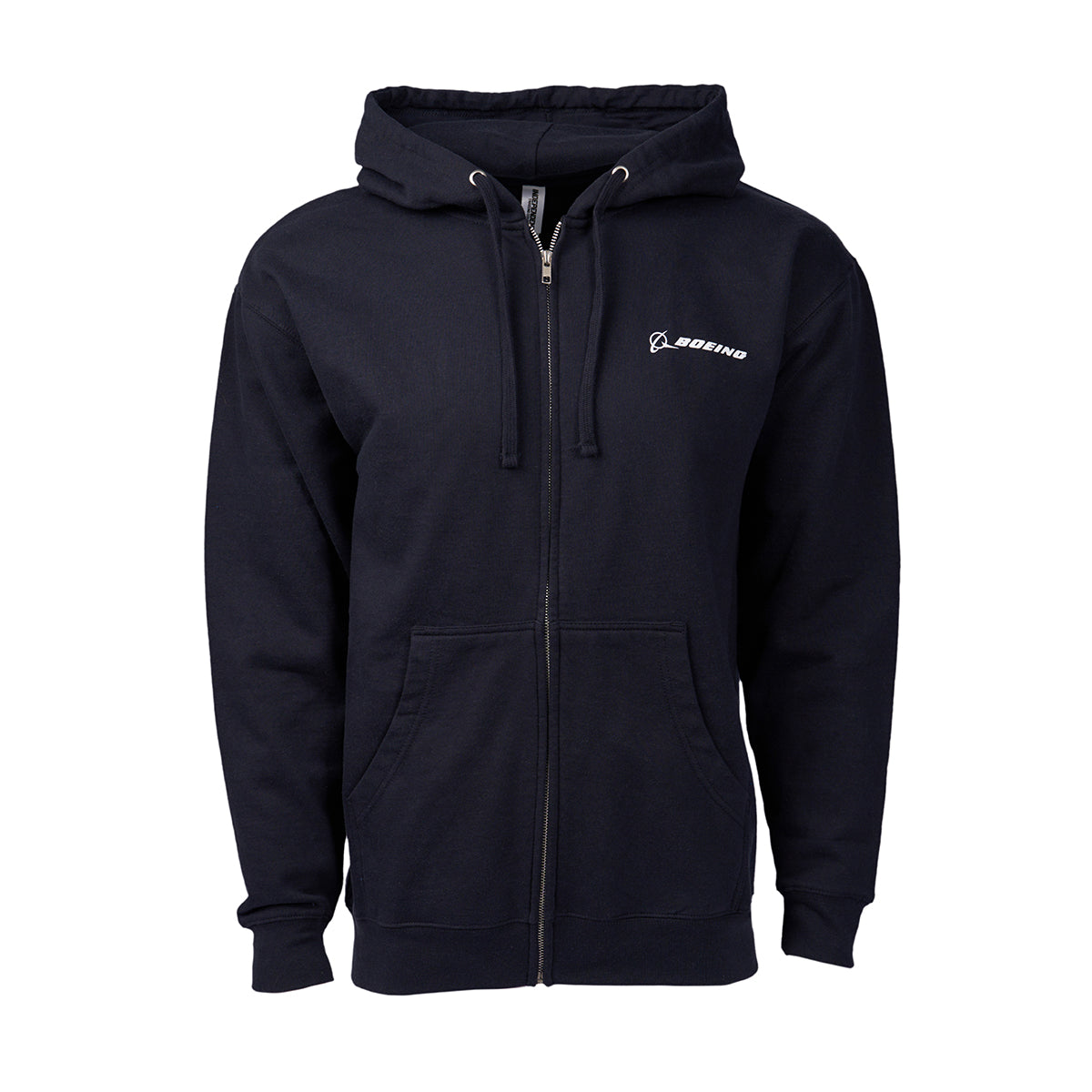 The Boeing 777X Skyward Unisex Full-Zip Hoodie in black epitomizes aviation apparel with a drawstring hood, small white chest logo, two front pockets, and a central zipper for comfort and style.