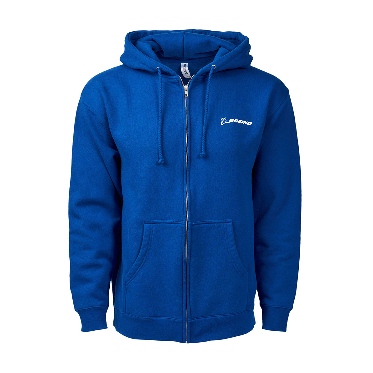 The Boeing 787 Dreamliner Skyward Unisex Full-Zip Hoodie by Boeing features a blue zip-up design with a drawstring hood, front pockets, and a small white embroidered logo on the left chest.