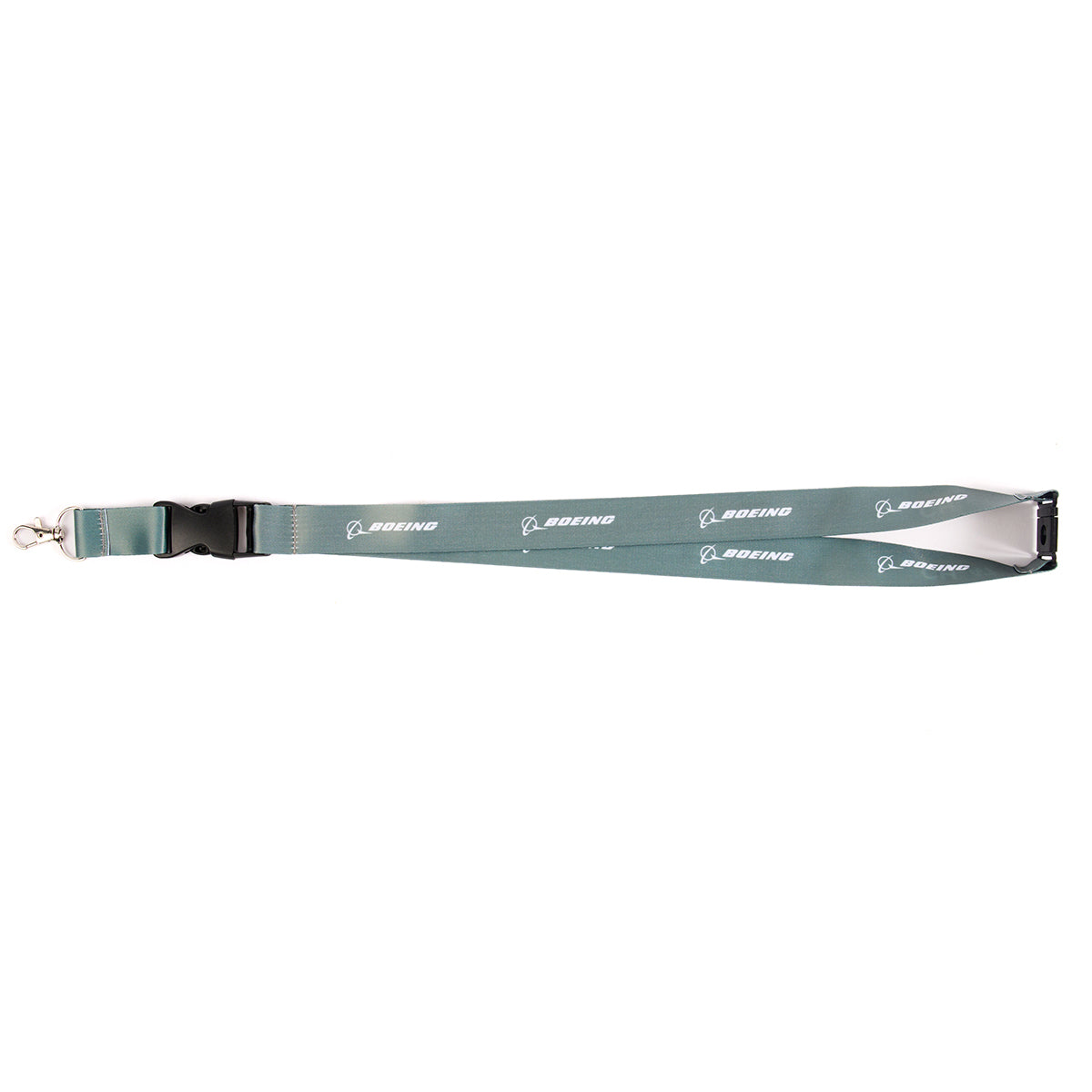 The Boeing Stores CH-47 Chinook Motion Lanyard is light gray, aviation-inspired with repeated logo and text on a white background, featuring a metal clasp at one end and a plastic clip in the middle.