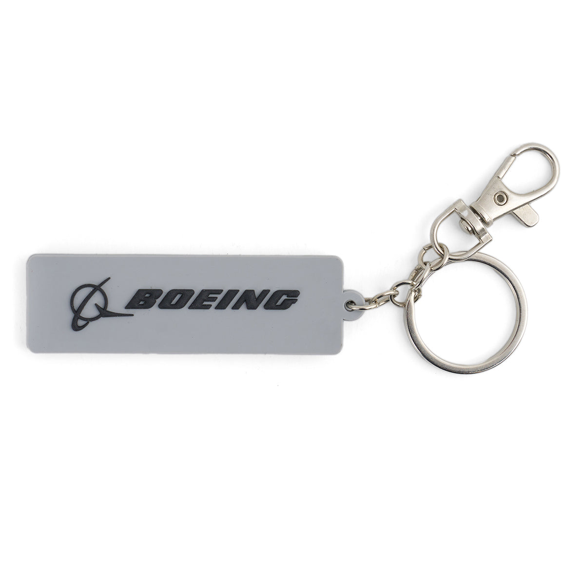 The Boeing F-15 Eagle Series Keychain by BOEING is a rectangular gray keychain with a metal ring and clasp, featuring the black Boeing logo and text—ideal for aviation enthusiasts or Boeing F-15 fans.