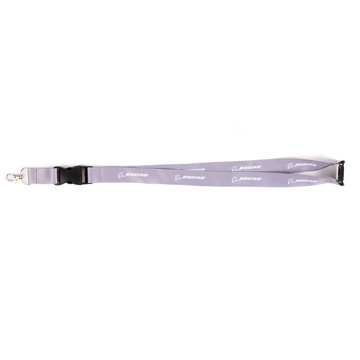 The Boeing Stores KC-46 Pegasus Motion Lanyard features a gray aviation-inspired design with repeating Boeing logos in white, a metal clip, and black plastic buckle—ideal for showcasing aircraft innovation.
