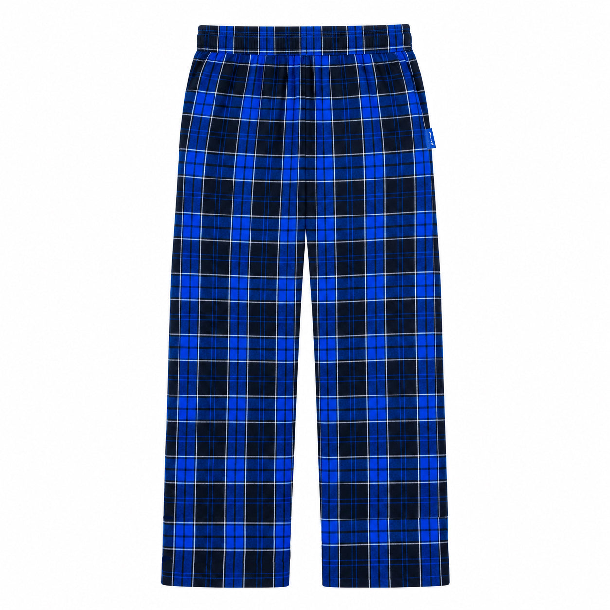 Boeing 2026 Jet Snowflake Unisex Flannel Pants featuring a blue and black tartan plaid pattern with an elastic waistband.