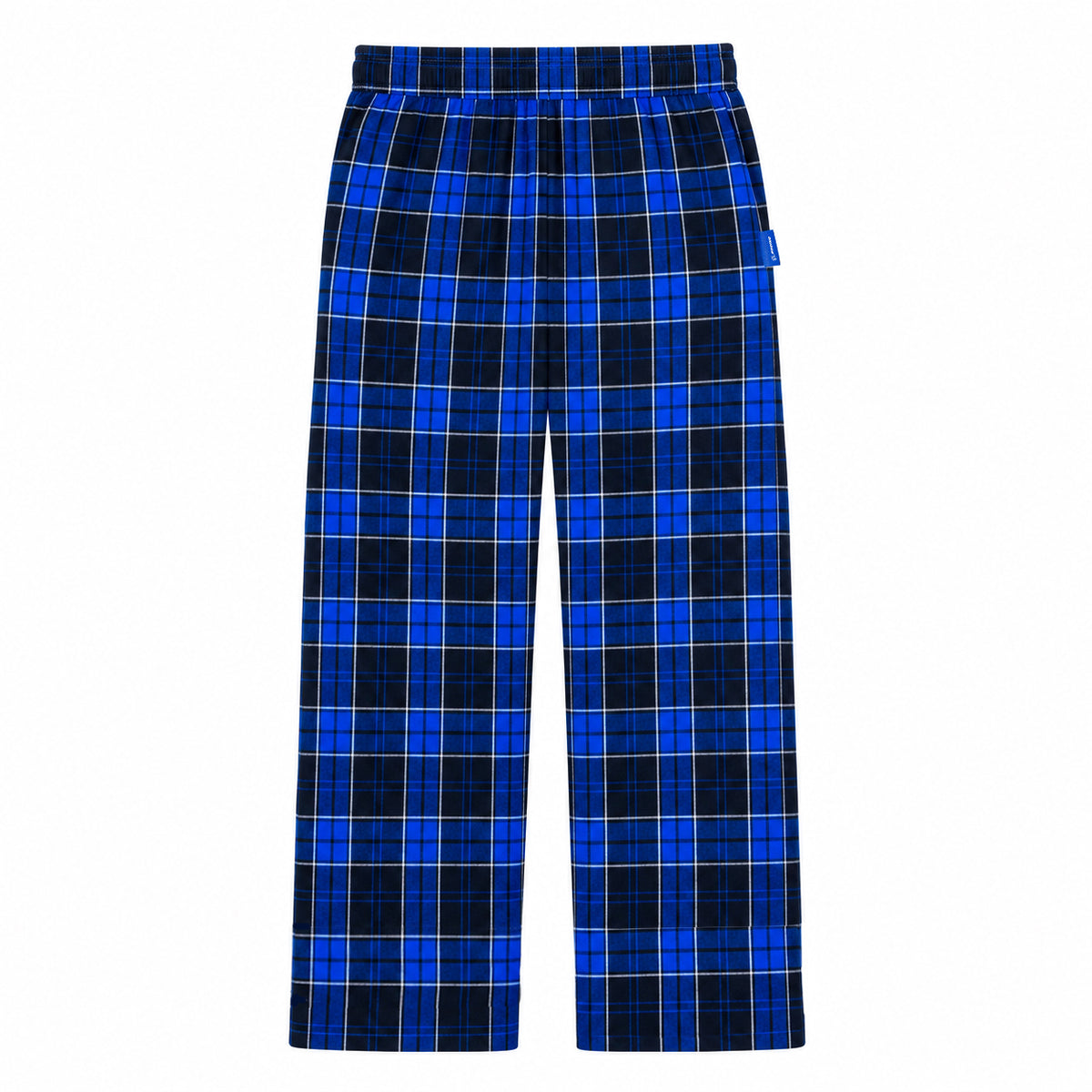 Boeing 2026 Jet Snowflake Unisex Flannel Pants featuring a blue and black tartan plaid pattern with an elastic waistband.