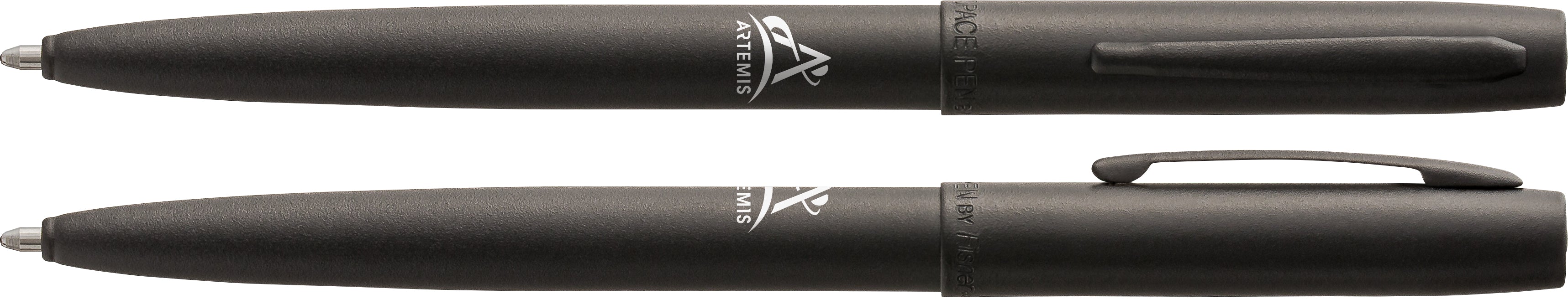 Two black Artemis Boeing Space Pens from The Boeing Store, featuring the “Artemis” logo in white. Both have a sleek matte finish and a pressurized ink refill, ensuring smooth writing in any position—even in zero gravity.