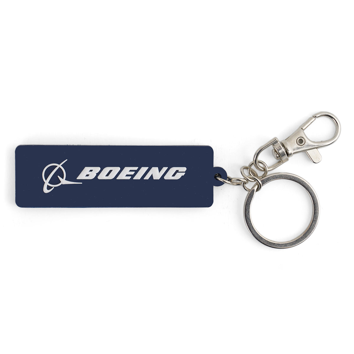 The Boeing 737 Series Keychain by BOEING is a navy blue, rectangular airplane keychain with a metal keyring and clasp, featuring the BOEING logo and name in white—a perfect accessory for aviation enthusiasts.