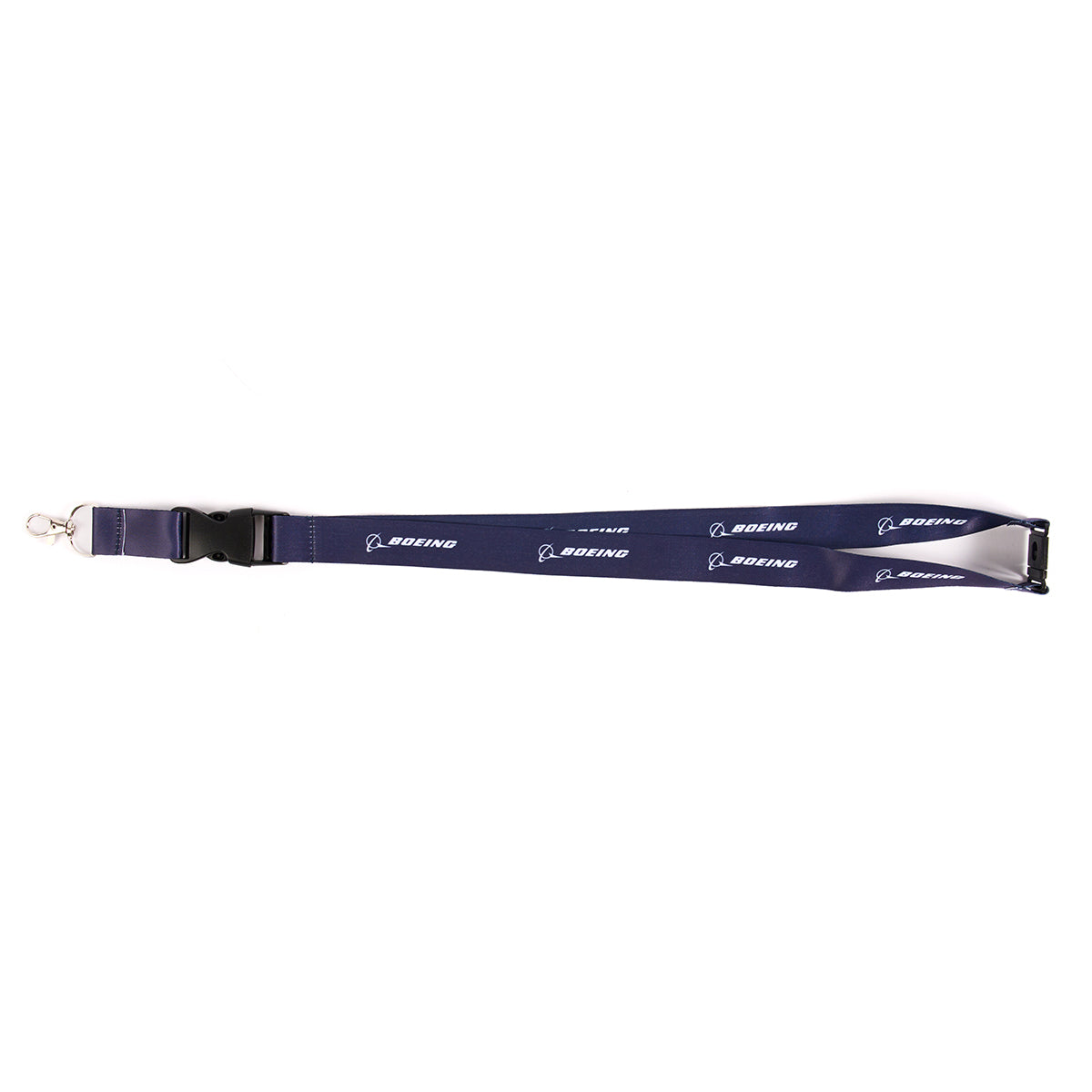 The Boeing 747 Motion Lanyard by The Boeing Store boasts a blue lanyard with a clip and hook, featuring the Boeing logo and the word BOEING printed repeatedly, adding aerospace flair to your essentials.