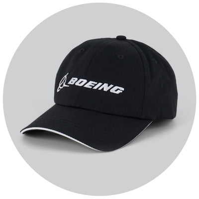 Black cap with Boeing logo on a light gray background