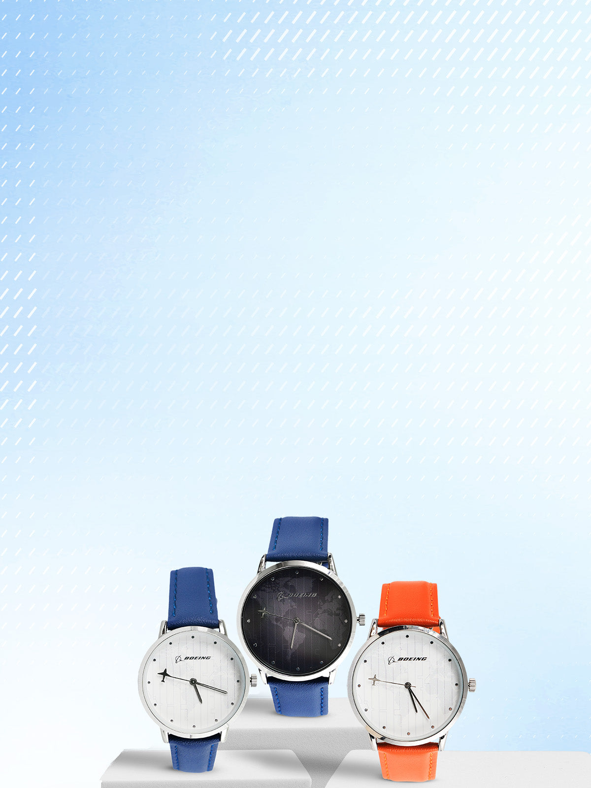 Three Boeing branded wrist watches, 2 with blue straps and one with an orange strap, against a pale blue gradient background.
