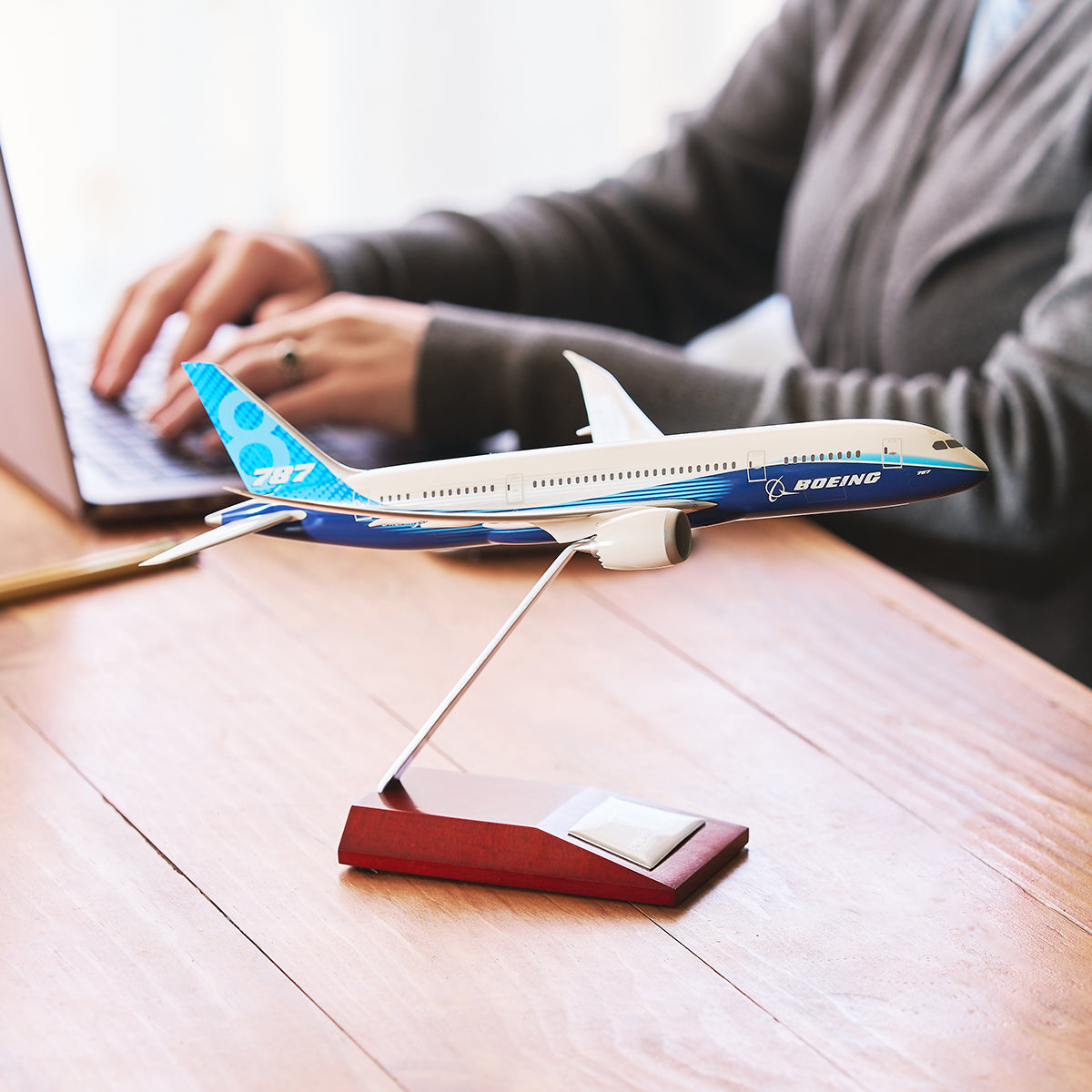 A close-up of a Boeing model airplane on a wooden stand, with a person working on a laptop in the background.