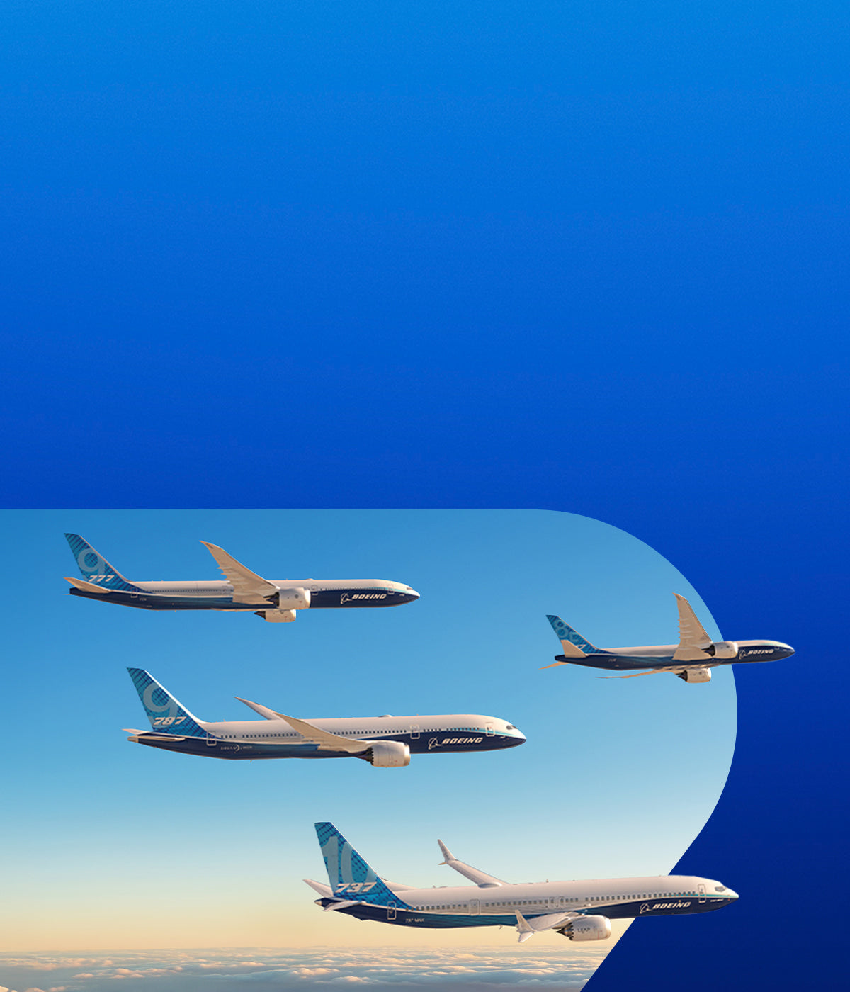 Mobile image of Boeing 2026 calendar featuring an illustration of multiple Boeing commercial aircraft flying in formation against a gradient blue background.