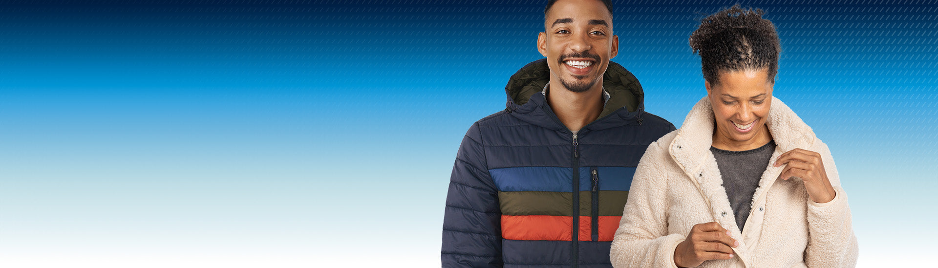 Two people wearing Boeing branded winter jackets against a blue gradient background